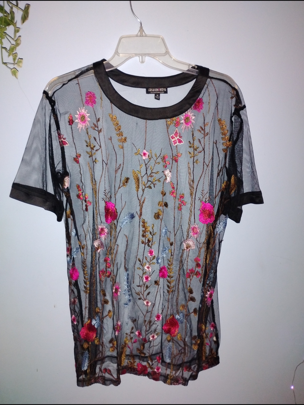 Fashion Nova Black Sheer Floral Embroidered Tee with Pink and Gold Accents
